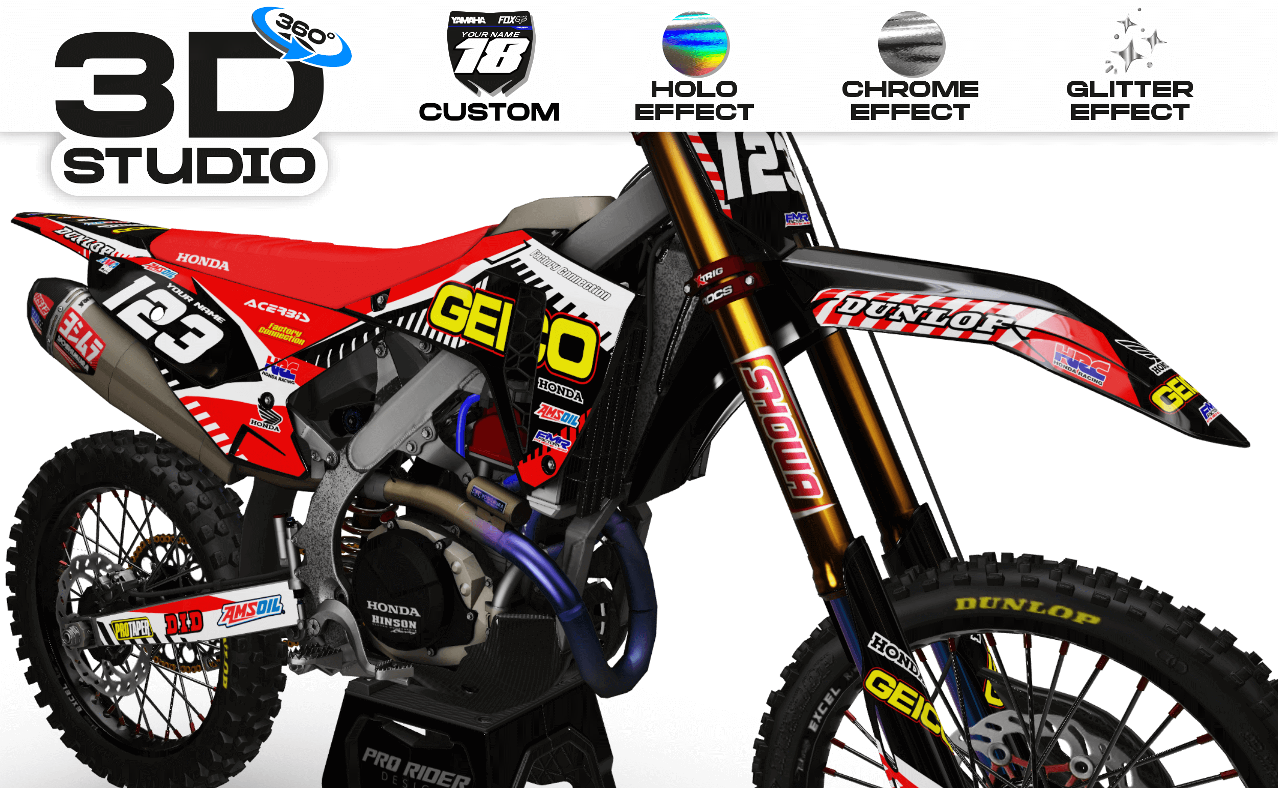 Dirt bike graphics kits honda GEICO : Ultra resistant to shock - 3D