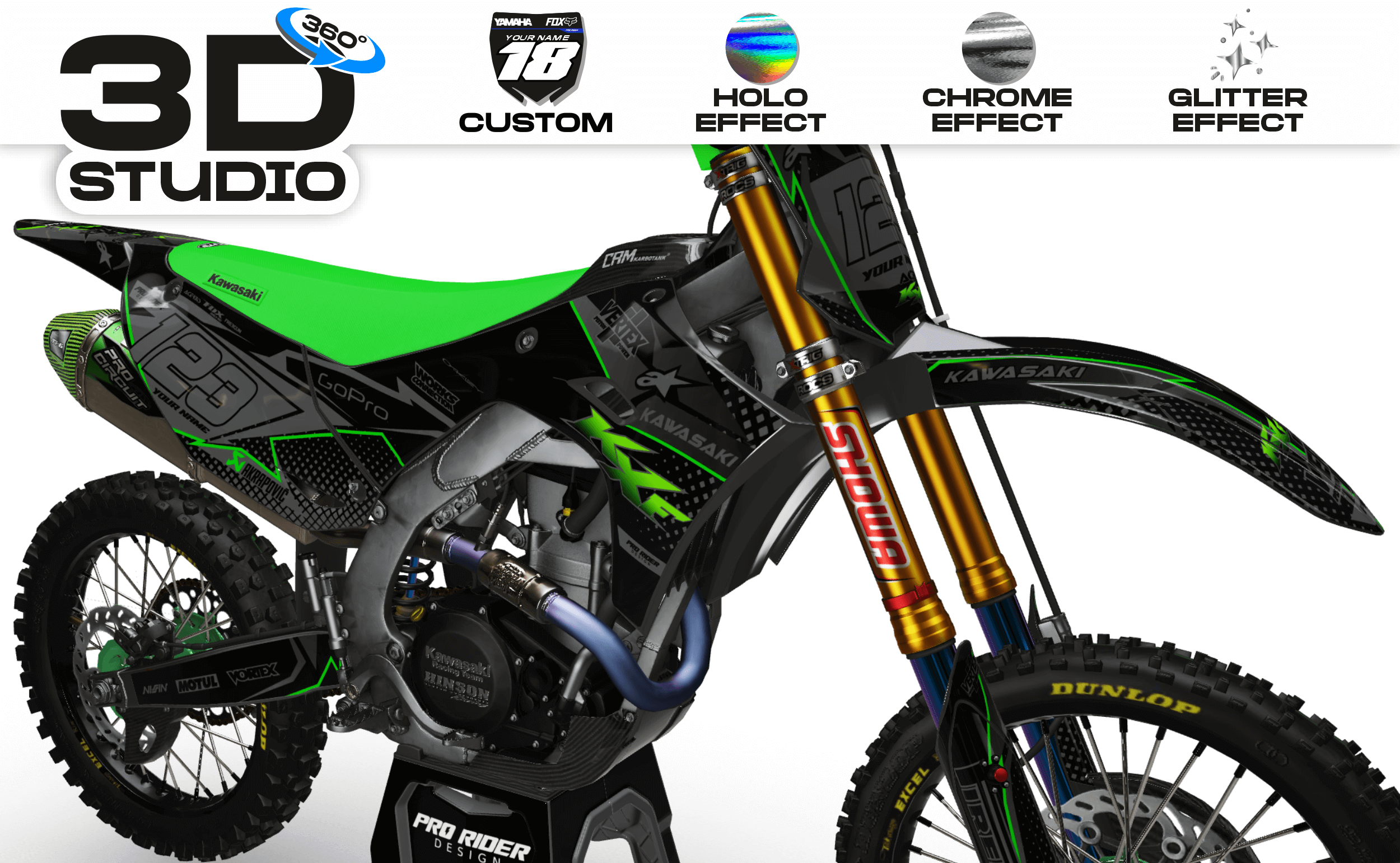 KAWASAKI Graphics Kit VERTEX Black And Green - 3D